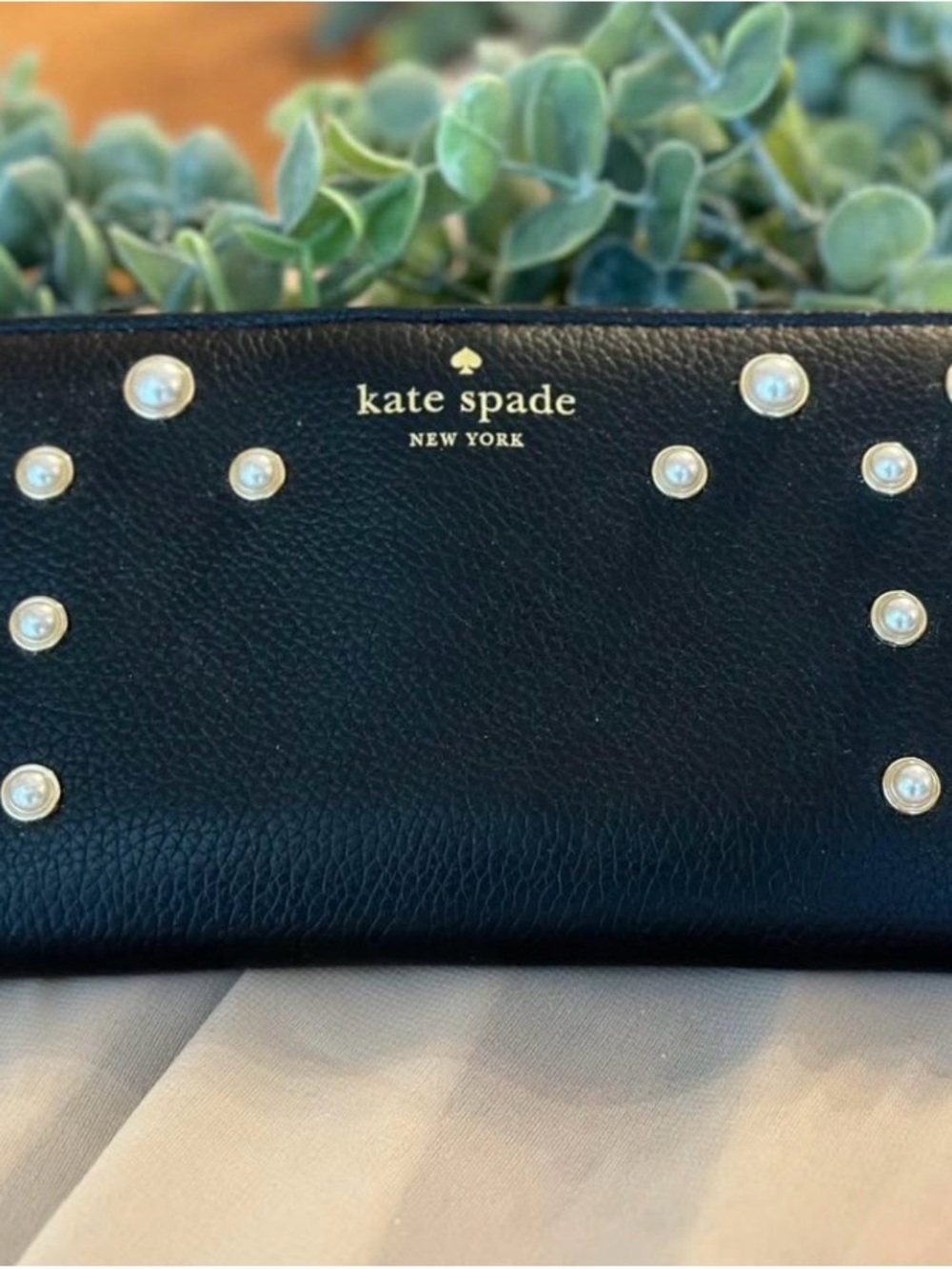 kate spade Black Pearl-Studded Leather Wallet